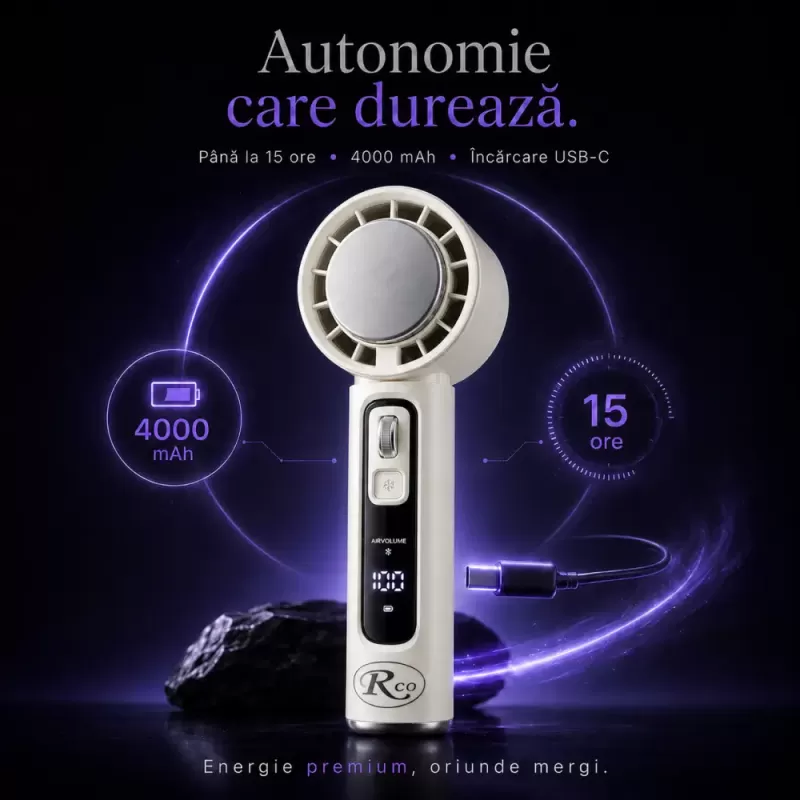 Ventilator de Mana Fara Lame, Ultra-Compact, cu Racire Instanta in 3 Trepte, Reglaj Fin in 100 Niveluri, Motor 14000 RPM, Display Digital, Baterie 4000 mAh, USB-C, Bej