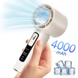 Ventilator de Mana Fara Lame, Ultra-Compact, cu Racire Instanta in 3 Trepte, Reglaj Fin in 100 Niveluri, Motor 14000 RPM, Display Digital, Baterie 4000 mAh, USB-C, Bej