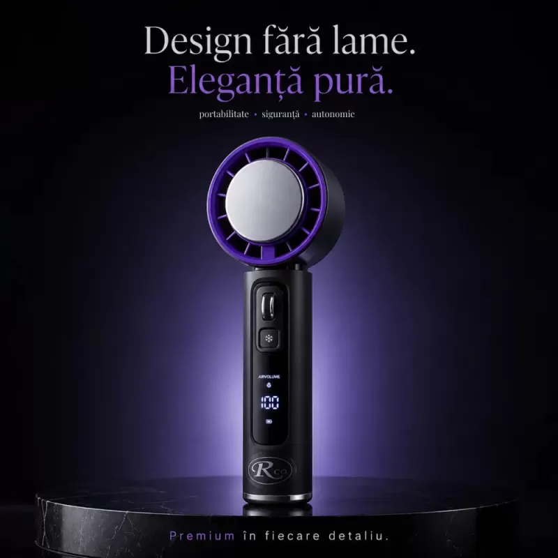 Ventilator de Mana Fara Lame, Ultra-Compact, cu Racire Instanta in 3 Trepte, Reglaj Fin in 100 Niveluri, Motor 14000 RPM, Display Digital, Baterie 4000 mAh, USB-C, Negru