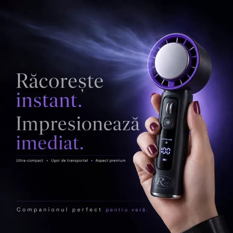 Ventilator de Mana Fara Lame, Ultra-Compact, cu Racire Instanta in 3 Trepte, Reglaj Fin in 100 Niveluri, Motor 14000 RPM, Display Digital, Baterie 4000 mAh, USB-C, Negru