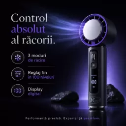 Ventilator de Mana Fara Lame, Ultra-Compact, cu Racire Instanta in 3 Trepte, Reglaj Fin in 100 Niveluri, Motor 14000 RPM, Display Digital, Baterie 4000 mAh, USB-C, Negru