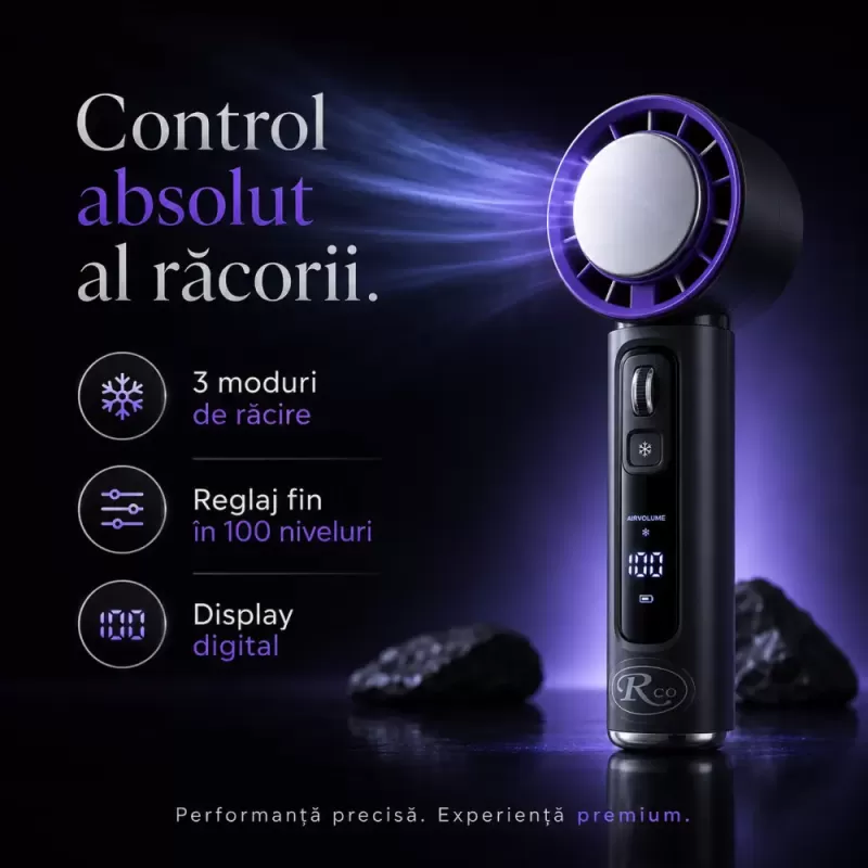 Ventilator de Mana Fara Lame, Ultra-Compact, cu Racire Instanta in 3 Trepte, Reglaj Fin in 100 Niveluri, Motor 14000 RPM, Display Digital, Baterie 4000 mAh, USB-C, Negru