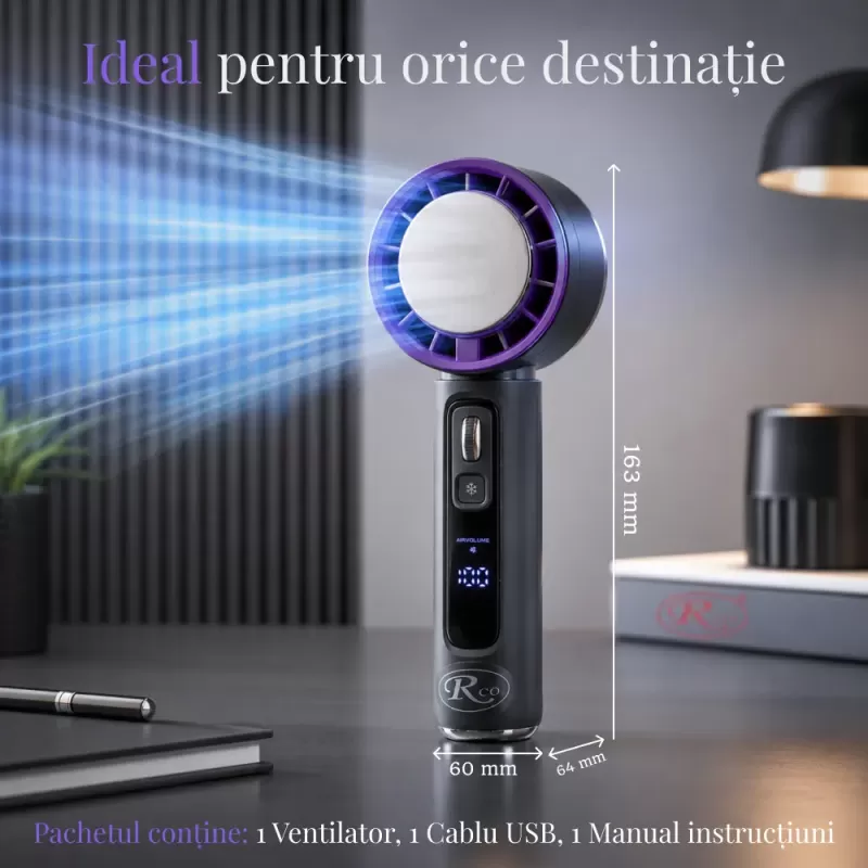 Ventilator de Mana Fara Lame, Ultra-Compact, cu Racire Instanta in 3 Trepte, Reglaj Fin in 100 Niveluri, Motor 14000 RPM, Display Digital, Baterie 4000 mAh, USB-C, Negru