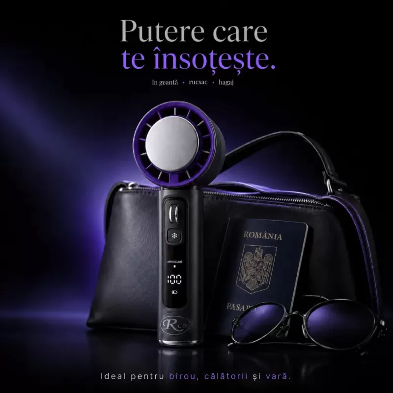 Ventilator de Mana Fara Lame, Ultra-Compact, cu Racire Instanta in 3 Trepte, Reglaj Fin in 100 Niveluri, Motor 14000 RPM, Display Digital, Baterie 4000 mAh, USB-C, Negru