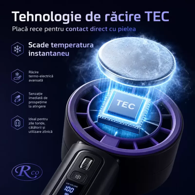 Ventilator de Mana Fara Lame, Ultra-Compact, cu Racire Instanta in 3 Trepte, Reglaj Fin in 100 Niveluri, Motor 14000 RPM, Display Digital, Baterie 4000 mAh, USB-C, Negru