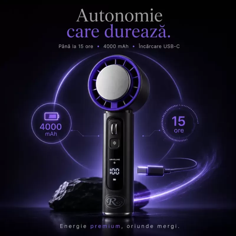Ventilator de Mana Fara Lame, Ultra-Compact, cu Racire Instanta in 3 Trepte, Reglaj Fin in 100 Niveluri, Motor 14000 RPM, Display Digital, Baterie 4000 mAh, USB-C, Negru