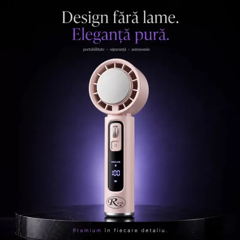Ventilator de Mana Fara Lame, Ultra-Compact, cu Racire Instanta in 3 Trepte, Reglaj Fin in 100 Niveluri, Motor 14000 RPM, Display Digital, Baterie 4000 mAh, USB-C, Roz