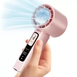 Ventilator de Mana Fara Lame, Ultra-Compact, cu Racire Instanta in 3 Trepte, Reglaj Fin in 100 Niveluri, Motor 14000 RPM, Display Digital, Baterie 4000 mAh, USB-C, Roz