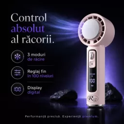 Ventilator de Mana Fara Lame, Ultra-Compact, cu Racire Instanta in 3 Trepte, Reglaj Fin in 100 Niveluri, Motor 14000 RPM, Display Digital, Baterie 4000 mAh, USB-C, Roz