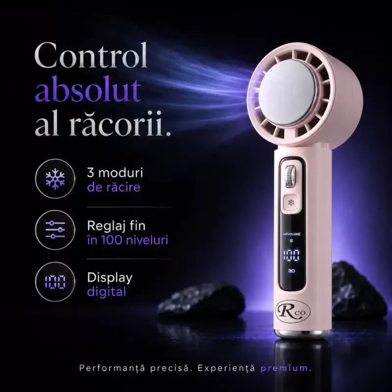 Ventilator de Mana Fara Lame, Ultra-Compact, cu Racire Instanta in 3 Trepte, Reglaj Fin in 100 Niveluri, Motor 14000 RPM, Display Digital, Baterie 4000 mAh, USB-C, Roz