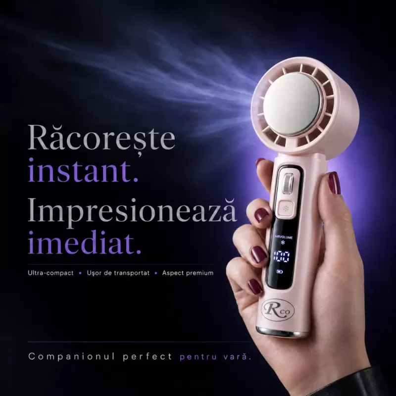 Ventilator de Mana Fara Lame, Ultra-Compact, cu Racire Instanta in 3 Trepte, Reglaj Fin in 100 Niveluri, Motor 14000 RPM, Display Digital, Baterie 4000 mAh, USB-C, Roz