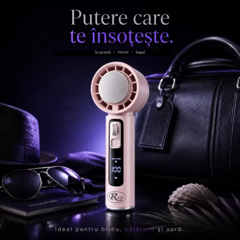 Ventilator de Mana Fara Lame, Ultra-Compact, cu Racire Instanta in 3 Trepte, Reglaj Fin in 100 Niveluri, Motor 14000 RPM, Display Digital, Baterie 4000 mAh, USB-C, Roz