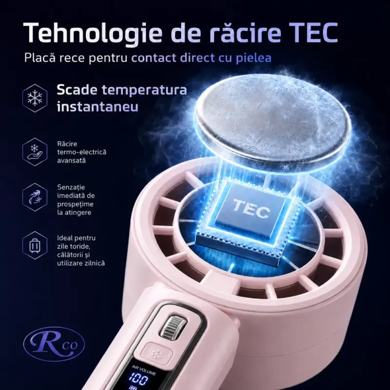 Ventilator de Mana Fara Lame, Ultra-Compact, cu Racire Instanta in 3 Trepte, Reglaj Fin in 100 Niveluri, Motor 14000 RPM, Display Digital, Baterie 4000 mAh, USB-C, Roz