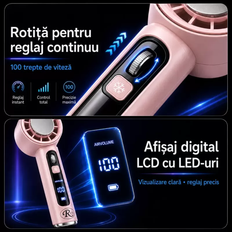 Ventilator de Mana Fara Lame, Ultra-Compact, cu Racire Instanta in 3 Trepte, Reglaj Fin in 100 Niveluri, Motor 14000 RPM, Display Digital, Baterie 4000 mAh, USB-C, Roz