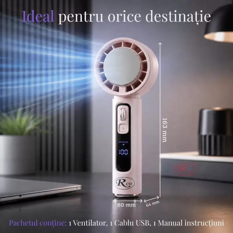 Ventilator de Mana Fara Lame, Ultra-Compact, cu Racire Instanta in 3 Trepte, Reglaj Fin in 100 Niveluri, Motor 14000 RPM, Display Digital, Baterie 4000 mAh, USB-C, Roz