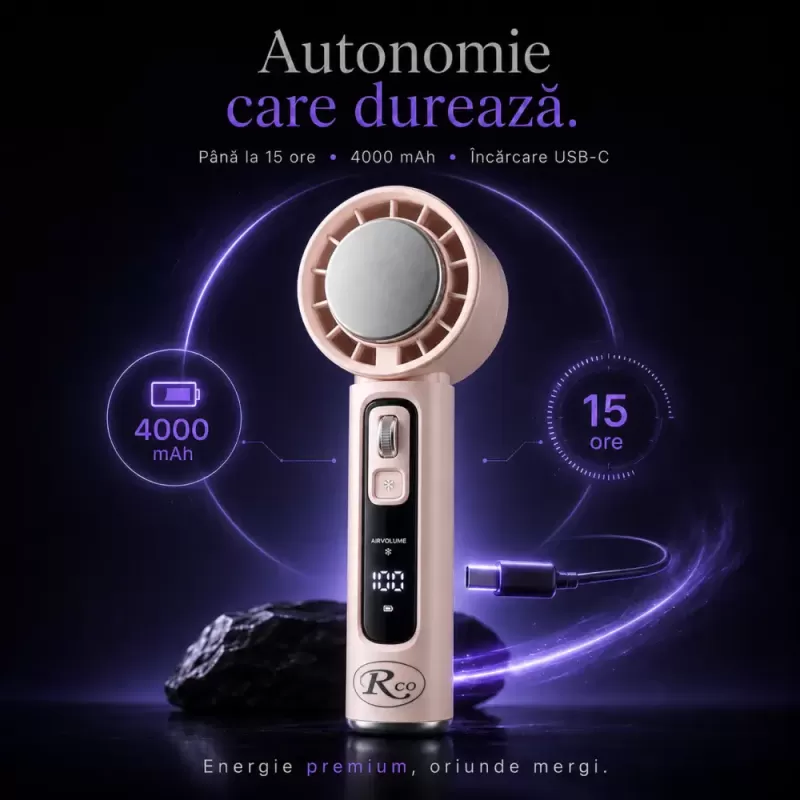 Ventilator de Mana Fara Lame, Ultra-Compact, cu Racire Instanta in 3 Trepte, Reglaj Fin in 100 Niveluri, Motor 14000 RPM, Display Digital, Baterie 4000 mAh, USB-C, Roz