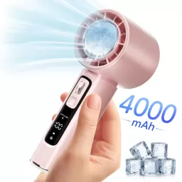 Ventilator de Mana Fara Lame, Ultra-Compact, cu Racire Instanta in 3 Trepte, Reglaj Fin in 100 Niveluri, Motor 14000 RPM, Display Digital, Baterie 4000 mAh, USB-C, Roz