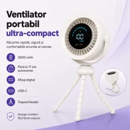 Ventilator portabil Silentios, Baterie 3000 mAh, Ultra-Compact, Trepied in stil caracatita cu picioare flexibile, Reglaj rapid, Afisaj Digital, USB-C, Bej, EL02-B