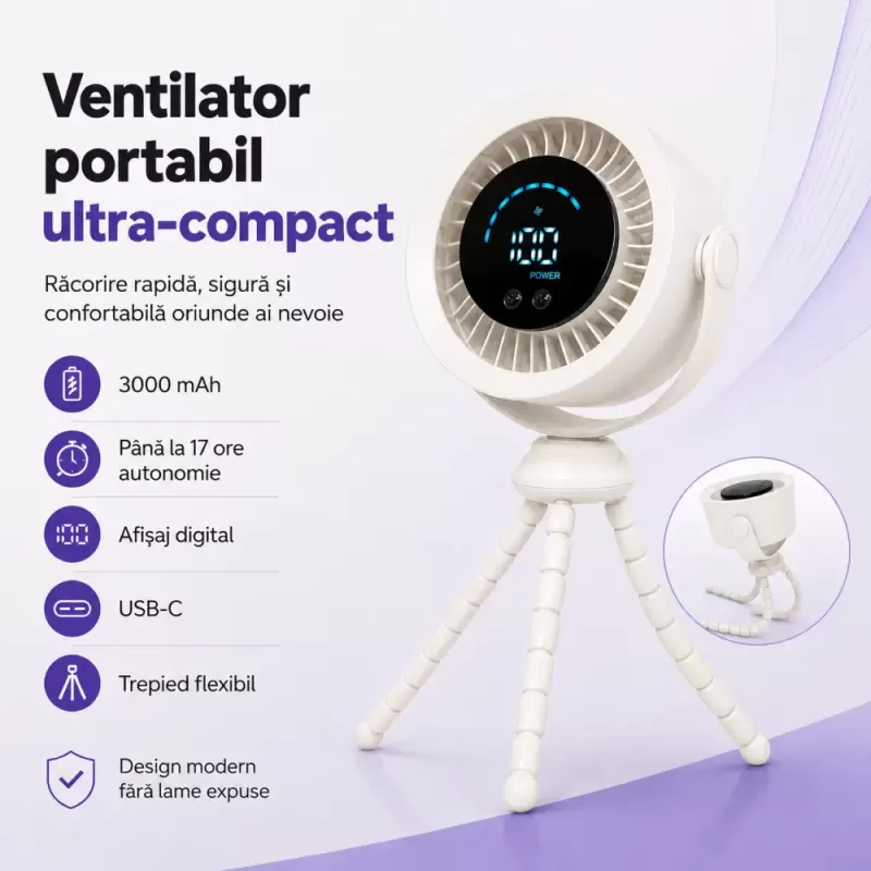Ventilator portabil Silentios, Baterie 3000 mAh, Ultra-Compact, Trepied in stil caracatita cu picioare flexibile, Reglaj rapid, Afisaj Digital, USB-C, Negru, EL02-A