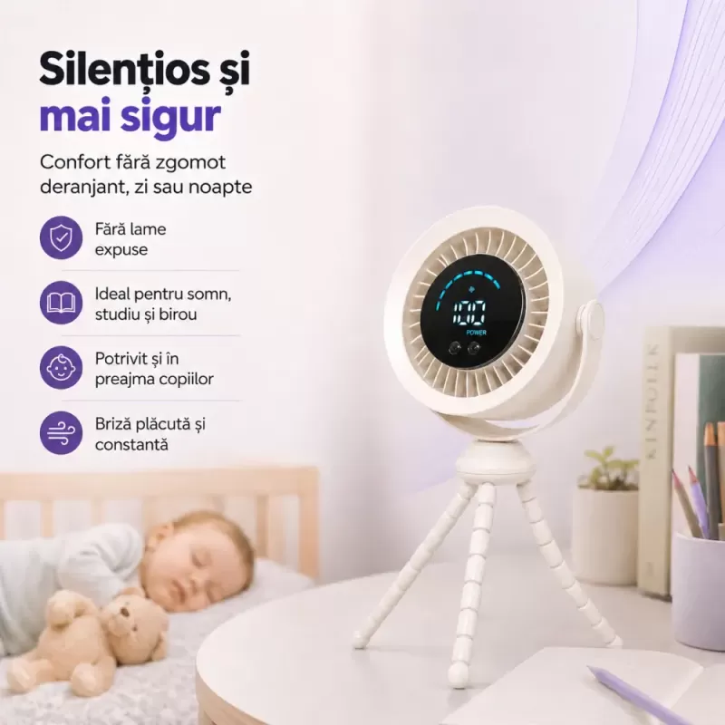 Ventilator portabil Silentios, Baterie 3000 mAh, Ultra-Compact, Trepied in stil caracatita cu picioare flexibile, Reglaj rapid, Afisaj Digital, USB-C, Negru, EL02-A