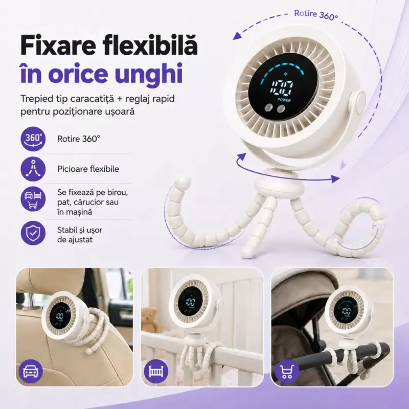 Ventilator portabil Silentios, Baterie 3000 mAh, Ultra-Compact, Trepied in stil caracatita cu picioare flexibile, Reglaj rapid, Afisaj Digital, USB-C, Negru, EL02-A