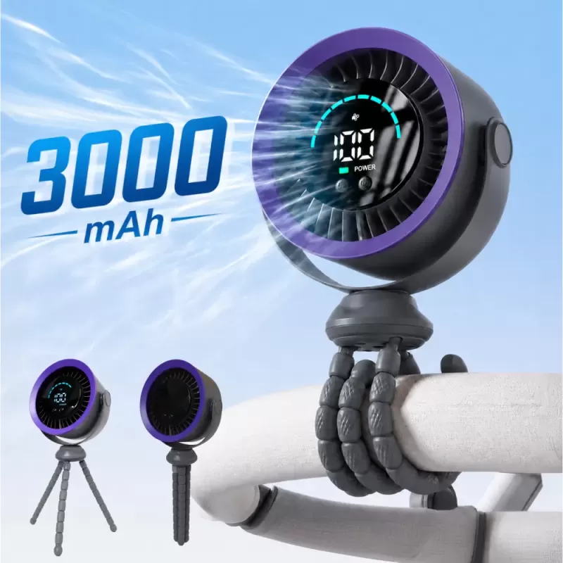 Ventilator portabil Silentios, Baterie 3000 mAh, Ultra-Compact, Trepied in stil caracatita cu picioare flexibile, Reglaj rapid, Afisaj Digital, USB-C, Negru, EL02-A