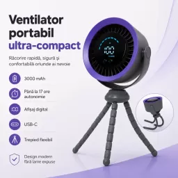 Ventilator portabil Silentios, Baterie 3000 mAh, Ultra-Compact, Trepied in stil caracatita cu picioare flexibile, Reglaj rapid, Afisaj Digital, USB-C, Negru, EL02-A