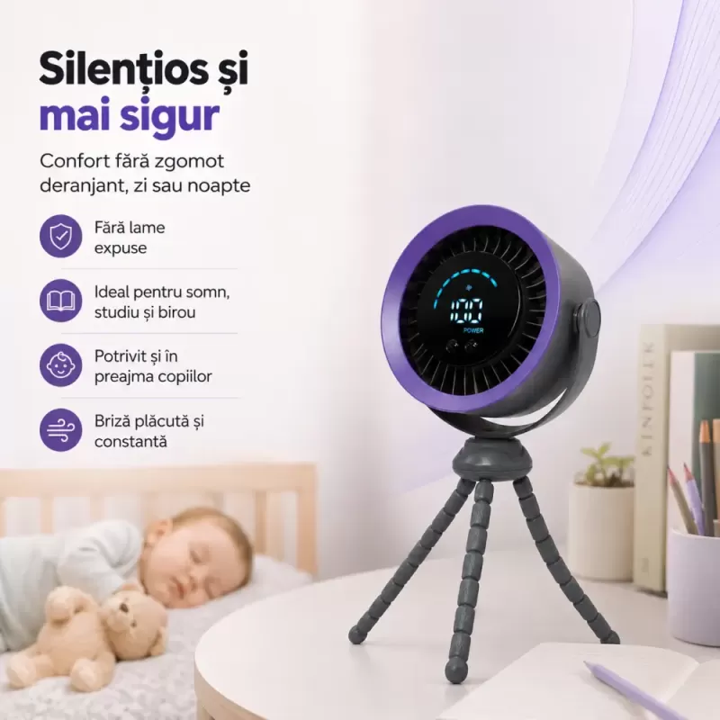 Ventilator portabil Silentios, Baterie 3000 mAh, Ultra-Compact, Trepied in stil caracatita cu picioare flexibile, Reglaj rapid, Afisaj Digital, USB-C, Negru, EL02-A