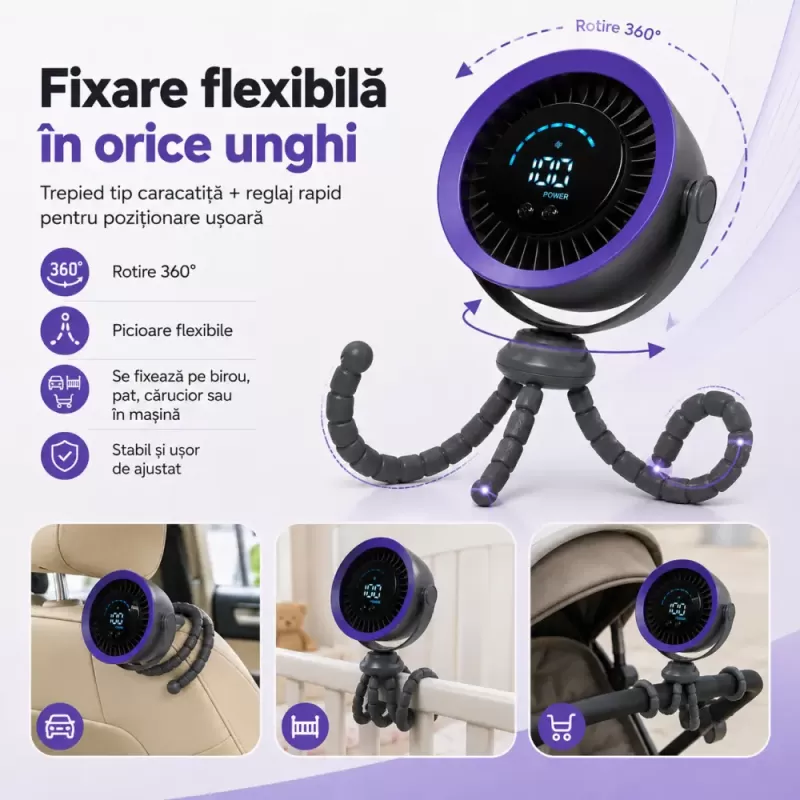 Ventilator portabil Silentios, Baterie 3000 mAh, Ultra-Compact, Trepied in stil caracatita cu picioare flexibile, Reglaj rapid, Afisaj Digital, USB-C, Negru, EL02-A