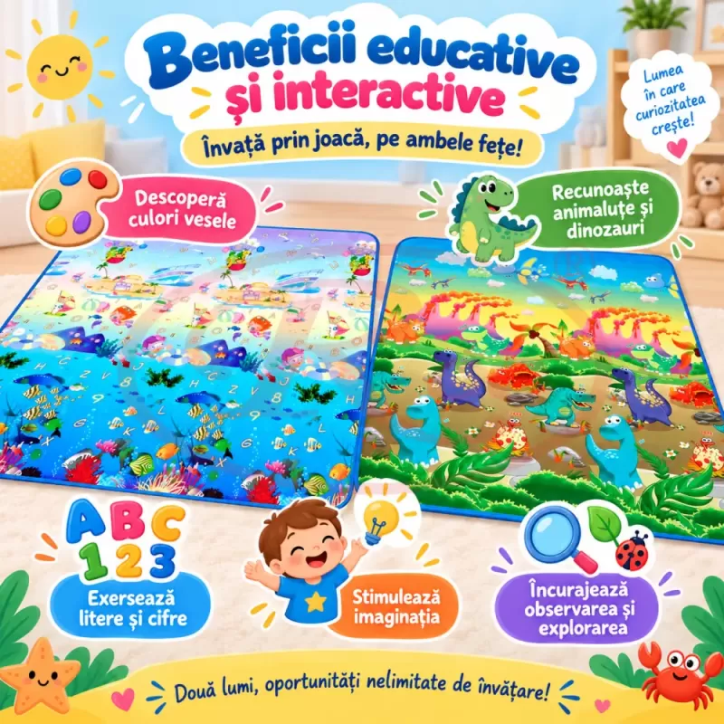 Covoras de joaca pentru bebelusi si copii, moale, hipoalergenic, reversibil, multicolor, potrivit pentru interior si exterior