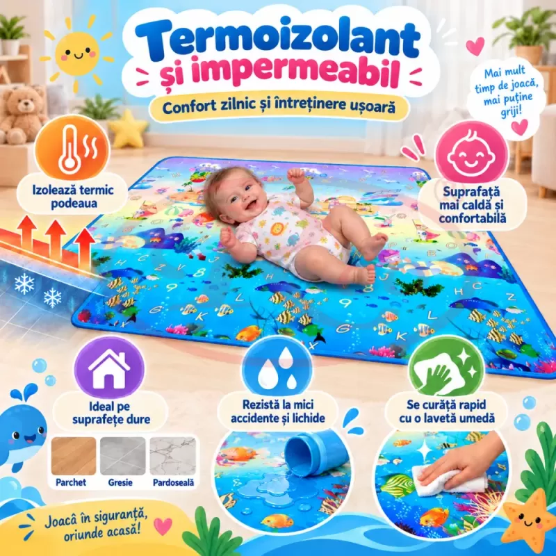 Covoras de joaca pentru bebelusi si copii, moale, hipoalergenic, reversibil, multicolor, potrivit pentru interior si exterior