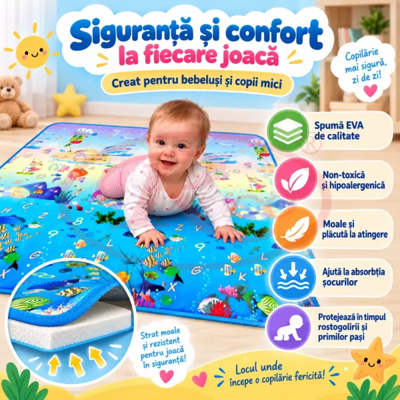 Covoras de joaca pentru bebelusi si copii, moale, hipoalergenic, reversibil, multicolor, potrivit pentru interior si exterior