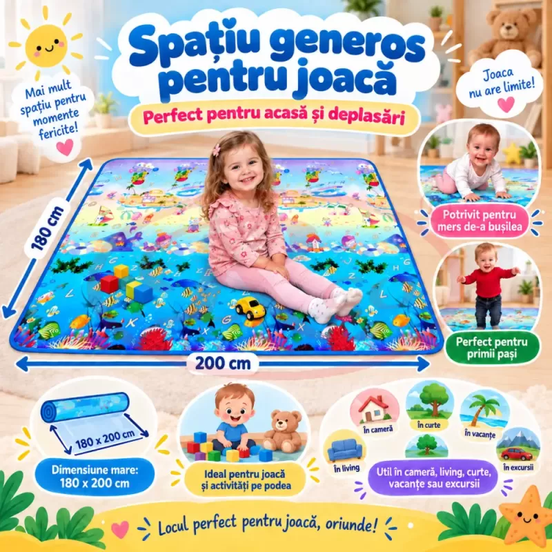 Covoras de joaca pentru bebelusi si copii, moale, hipoalergenic, reversibil, multicolor, potrivit pentru interior si exterior