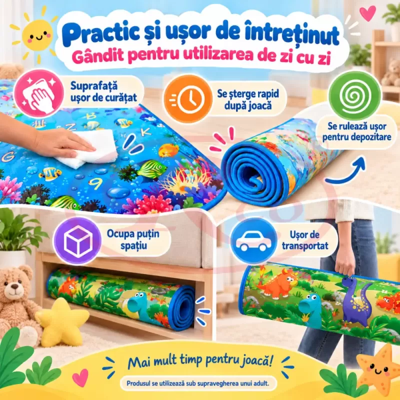 Covoras de joaca pentru bebelusi si copii, moale, hipoalergenic, reversibil, multicolor, potrivit pentru interior si exterior
