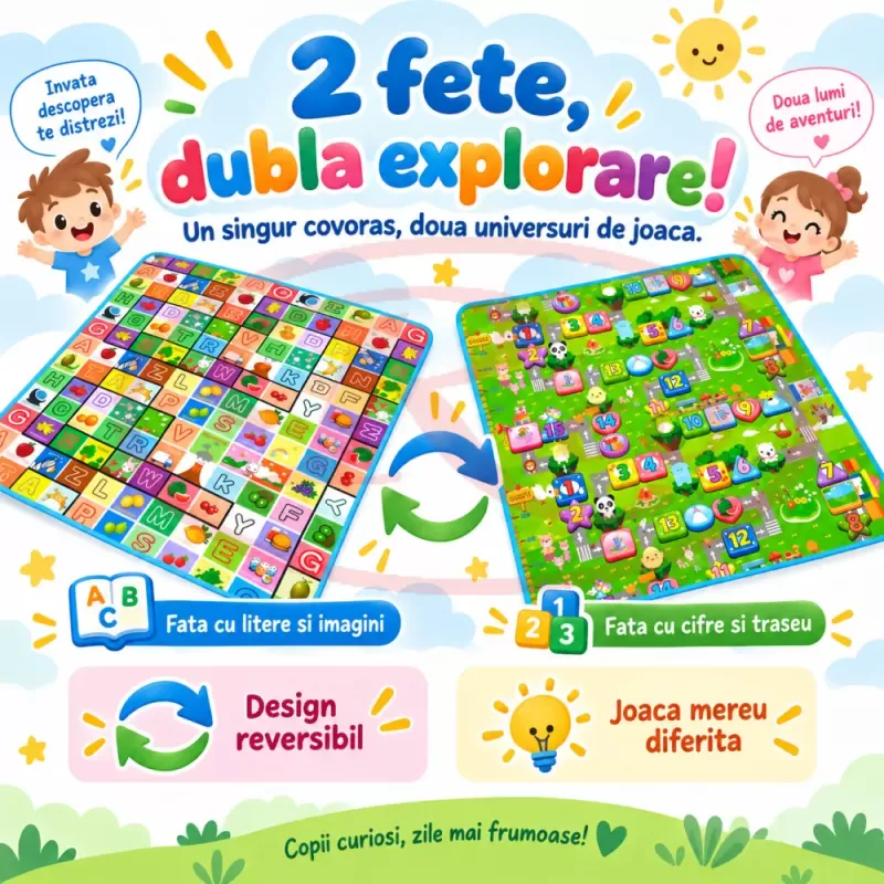 Covoras de joaca pentru bebelusi si copii, moale, hipoalergenic, reversibil, multicolor, potrivit pentru interior si exterior
