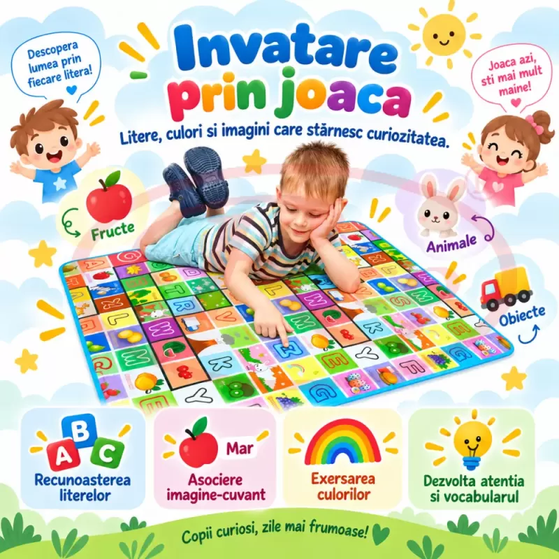 Covoras de joaca pentru bebelusi si copii, moale, hipoalergenic, reversibil, multicolor, potrivit pentru interior si exterior