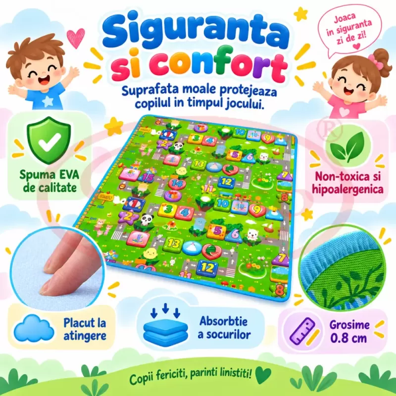 Covoras de joaca pentru bebelusi si copii, moale, hipoalergenic, reversibil, multicolor, potrivit pentru interior si exterior