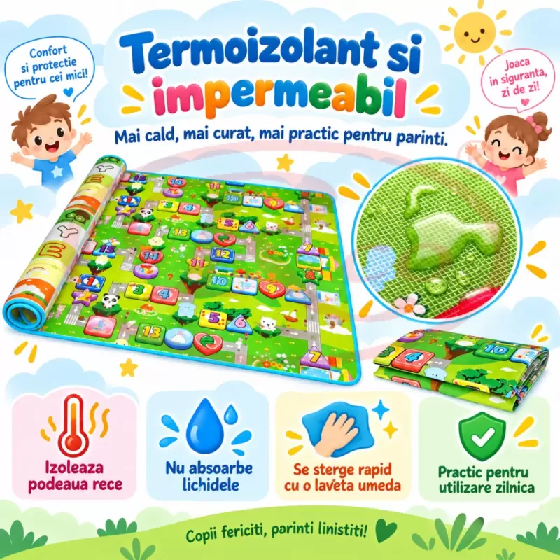 Covoras de joaca pentru bebelusi si copii, moale, hipoalergenic, reversibil, multicolor, potrivit pentru interior si exterior