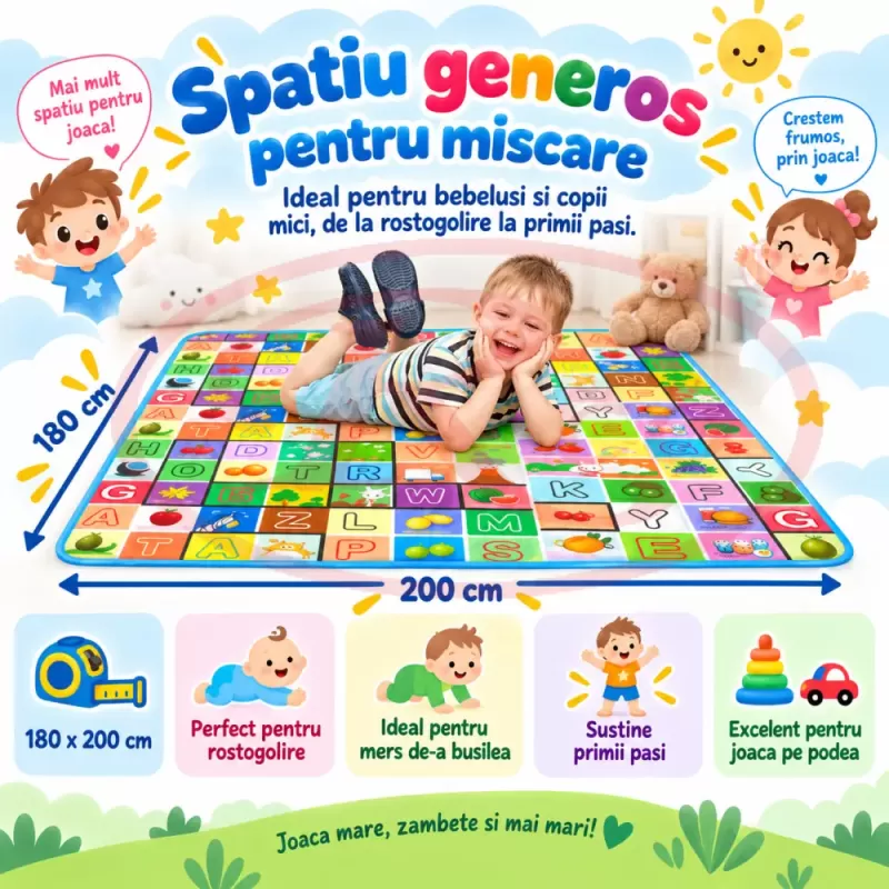 Covoras de joaca pentru bebelusi si copii, moale, hipoalergenic, reversibil, multicolor, potrivit pentru interior si exterior