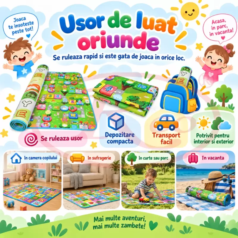 Covoras de joaca pentru bebelusi si copii, moale, hipoalergenic, reversibil, multicolor, potrivit pentru interior si exterior