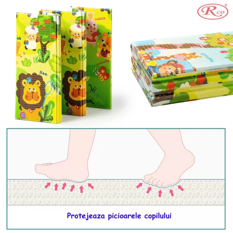 Covor de joaca XXL pliabil, 200 x 180 x 1 cm, din spuma EVA , Antiderapant, Termic si Interactiv, cu 2 fete si geanta depozitare "Hai la joaca"
