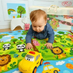 Covor de joaca XXL pliabil, 200 x 180 x 1 cm, din spuma EVA , Antiderapant, Termic si Interactiv, cu 2 fete si geanta depozitare "Hai la joaca"