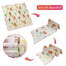 Covor de joaca XXL pliabil, 200 x 180 x 1 CM, din spuma XPE , Antiderapant, Termic si Interactiv, cu 2 fete si geanta depozitare "Animalute Simpatice"