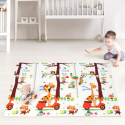 Covor de joaca XXL pliabil, 200 x 180 x 1 CM, din spuma XPE , Antiderapant, Termic si Interactiv, cu 2 fete si geanta depozitare "Girafa Curajoasa"