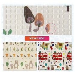 Covor de joaca XXL pliabil, 200 x 180 x 1 CM, din spuma XPE , Antiderapant, Termic si Interactiv, cu 2 fete si geanta depozitare "London Bus"