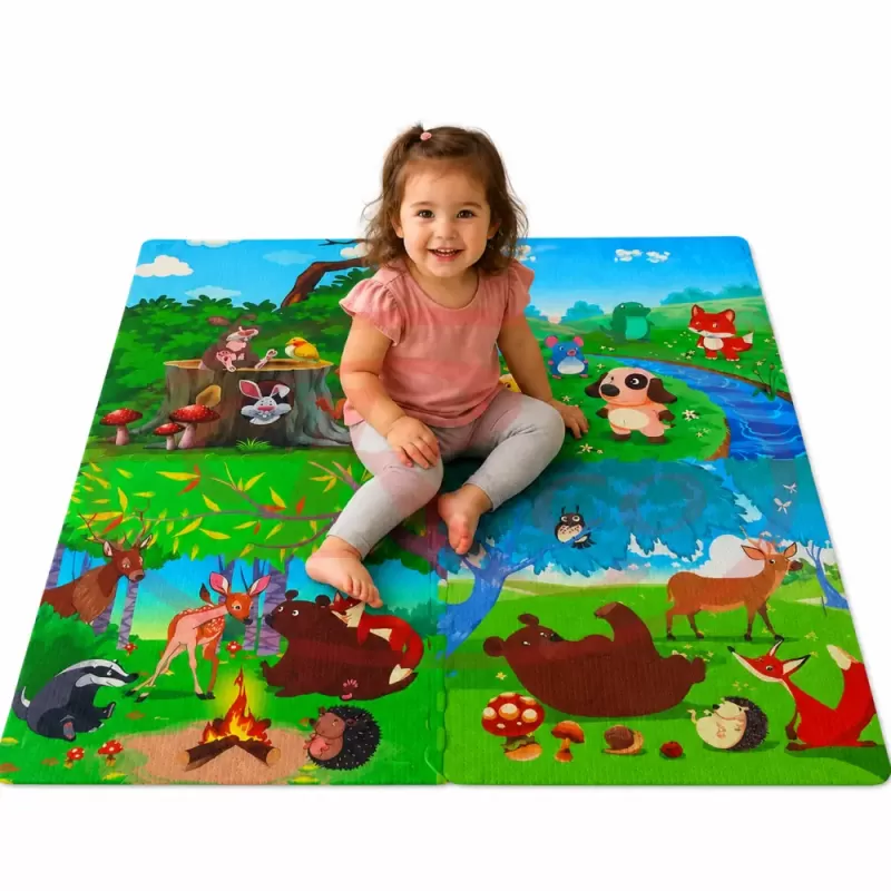 Covoras Puzzle din Spuma EVA de joaca pentru copii, 60 x 60 cm, 4 piese - Lumea animalelor