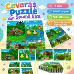 Covoras Puzzle din Spuma EVA de joaca pentru copii, 60 x 60 cm, 4 piese - Lumea animalelor