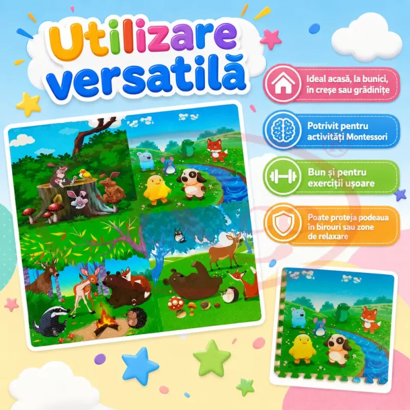 Covoras Puzzle din Spuma EVA de joaca pentru copii, 60 x 60 cm, 4 piese - Lumea animalelor