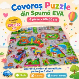 Covoras Puzzle din Spuma EVA de joaca pentru copii, 60 x 60 cm, 4 piese - Oraselul Vesel