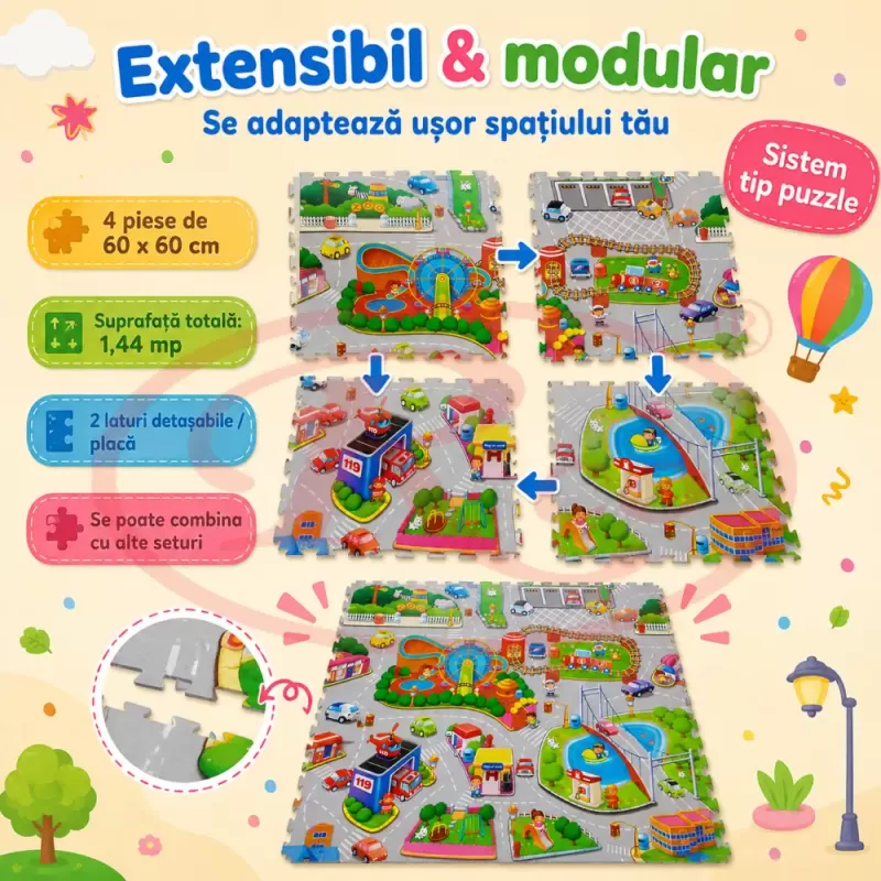 Covoras Puzzle din Spuma EVA de joaca pentru copii, 60 x 60 cm, 4 piese - Oraselul Vesel